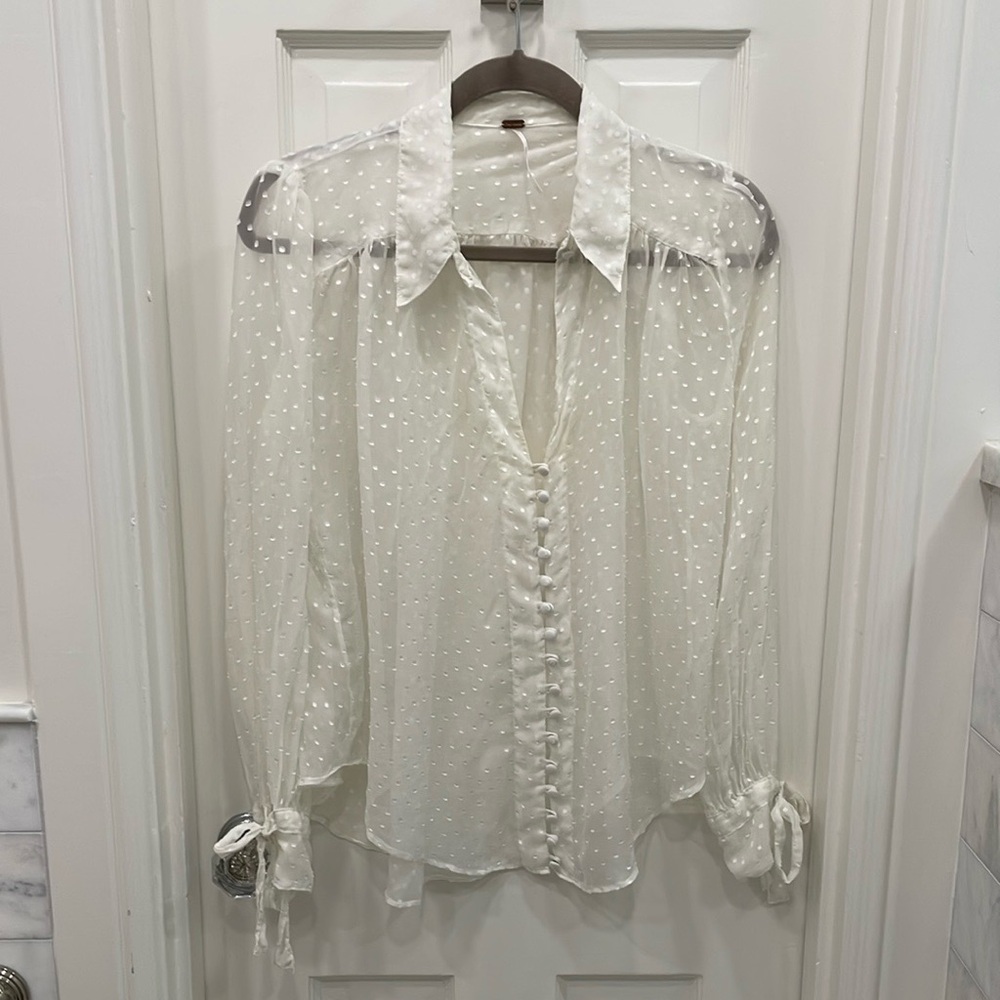 Free People White Swiss Dot Sheer Button Down Blouse Size S